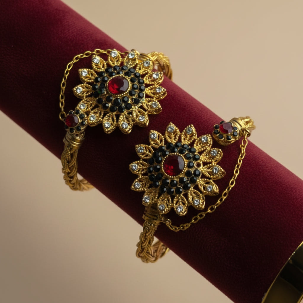 CH-91 - Luxury Diamonds Flower Gold - Bangle Set Of 2 Style 7