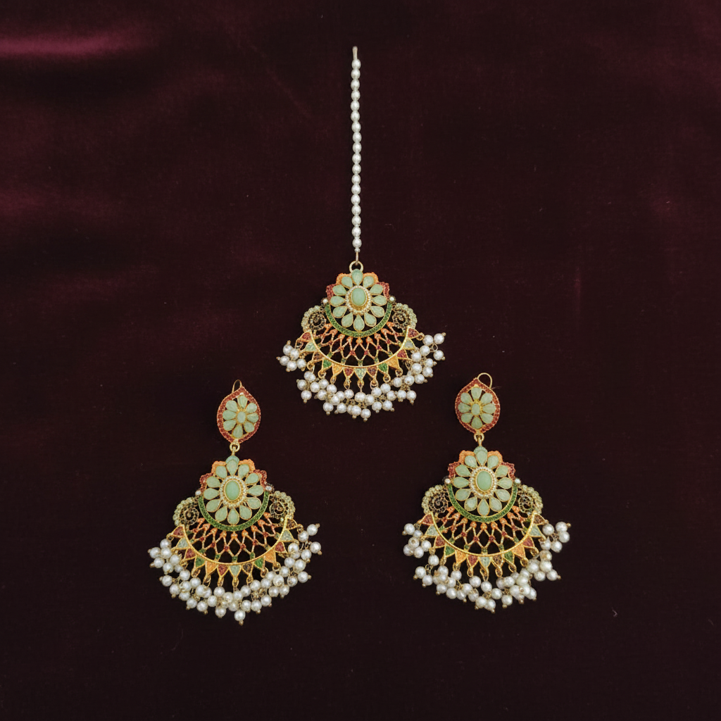 PJ-157 - Luxury Pearls & Mint Green Diamonds Gold - Jewelry Set