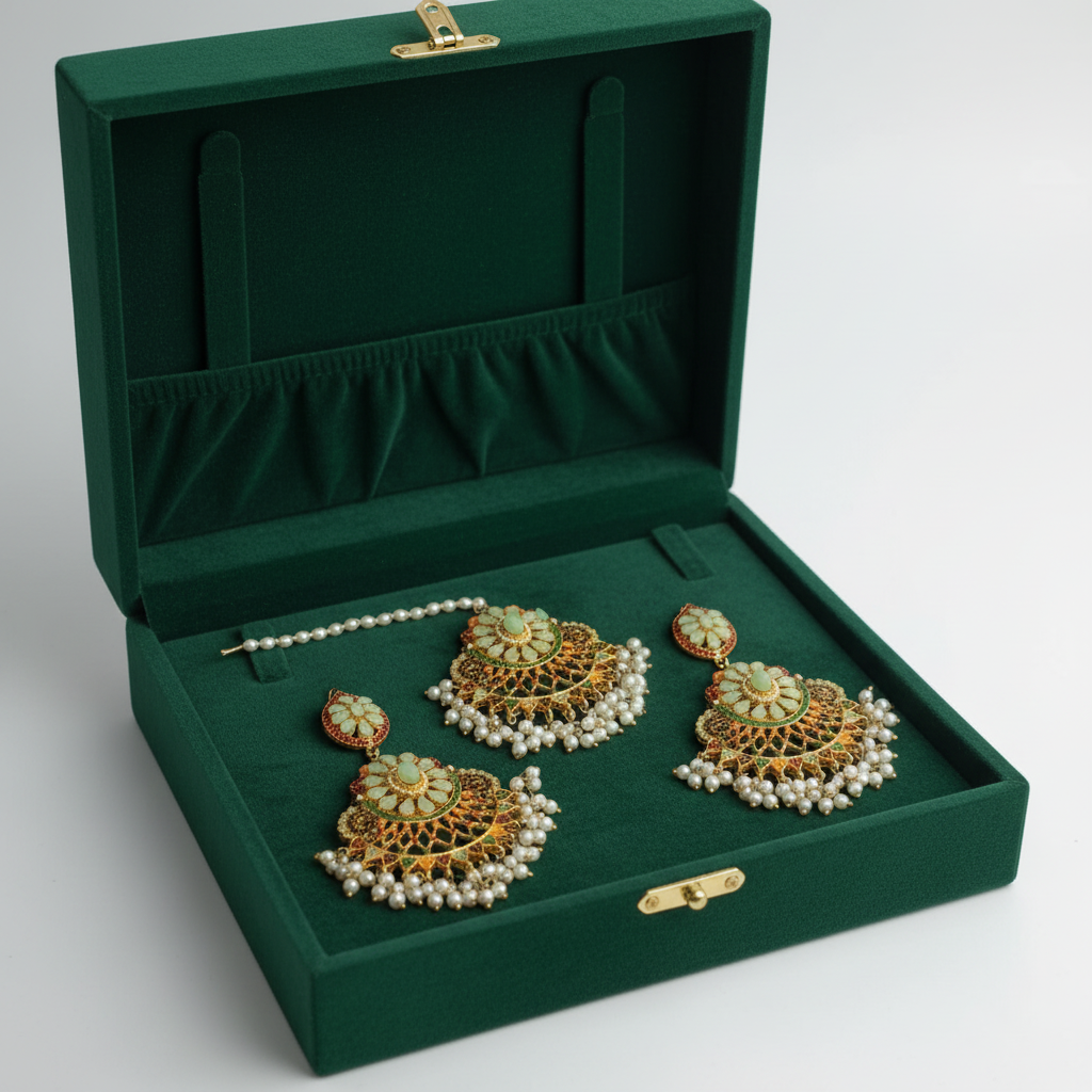 PJ-157 - Luxury Pearls & Mint Green Diamonds Gold - Jewelry Set