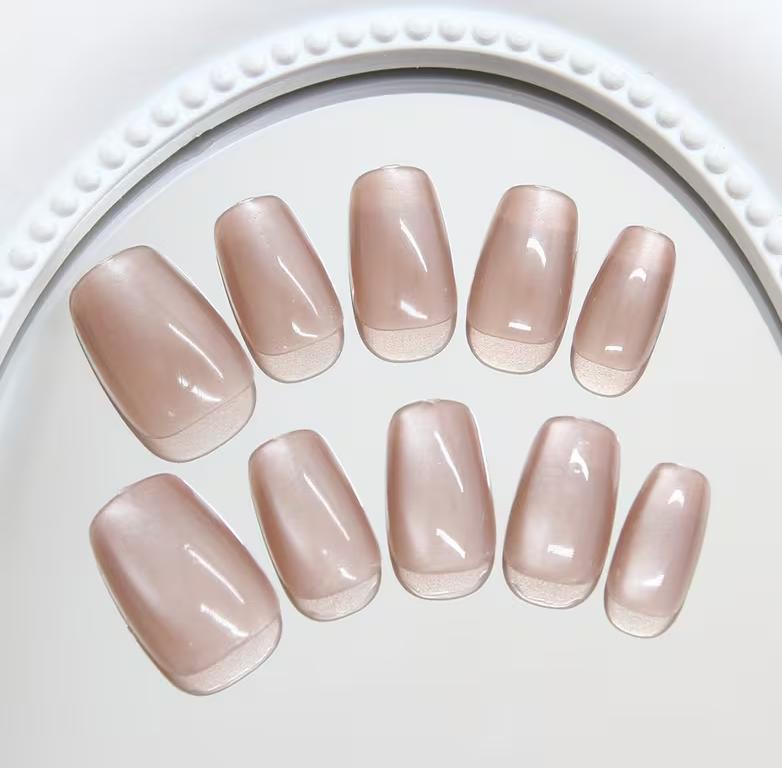 N-423-1 - Beige Jelly Shiny - Press On Nail Set Of 24 - Free 24 Pcs Sticker Sheet Included