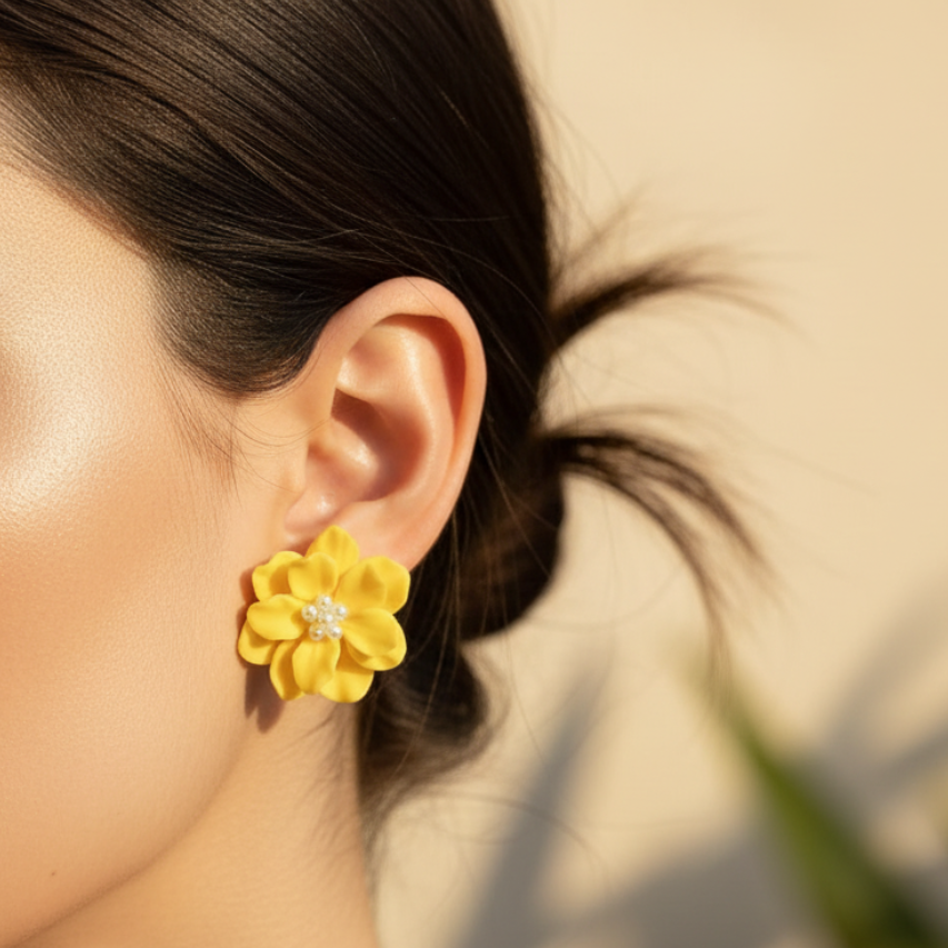 UNI-10571-4 - Yellow Pearly Flower - Earring