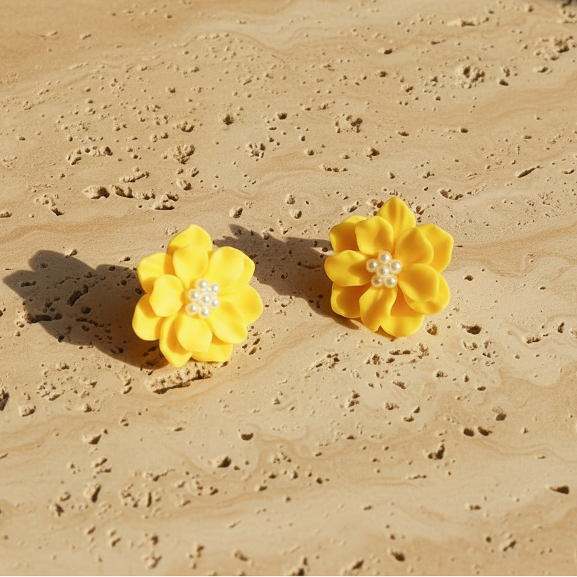UNI-10571-4 - Yellow Pearly Flower - Earring