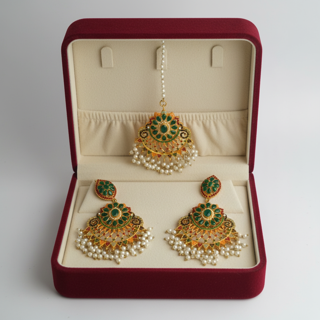 PJ-158 - Luxury Pearls & Green Diamonds Gold - Jewelry Set