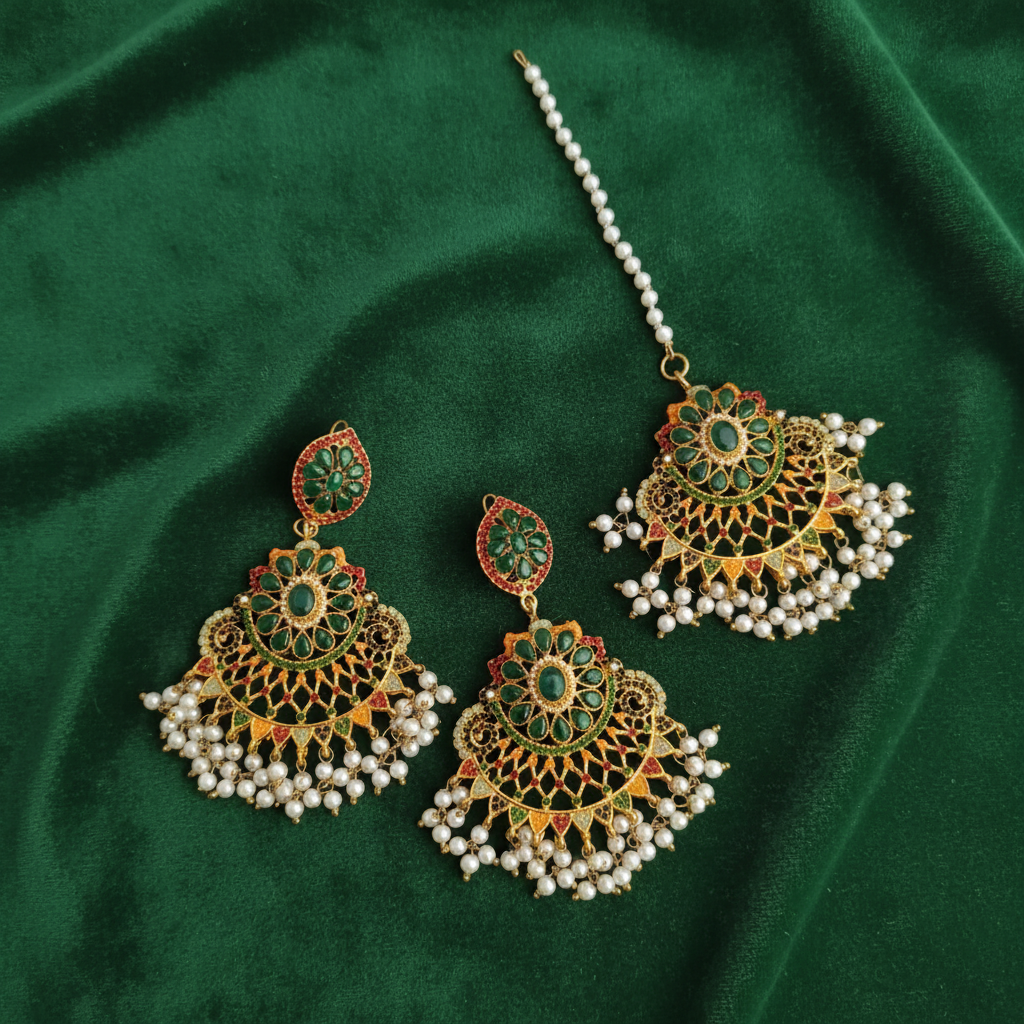 PJ-158 - Luxury Pearls & Green Diamonds Gold - Jewelry Set