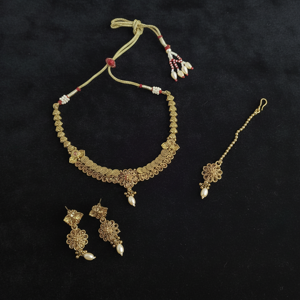 PJ-209 - Premium Gold Pearl Pink Diamonds Flowers - Jewelry Set