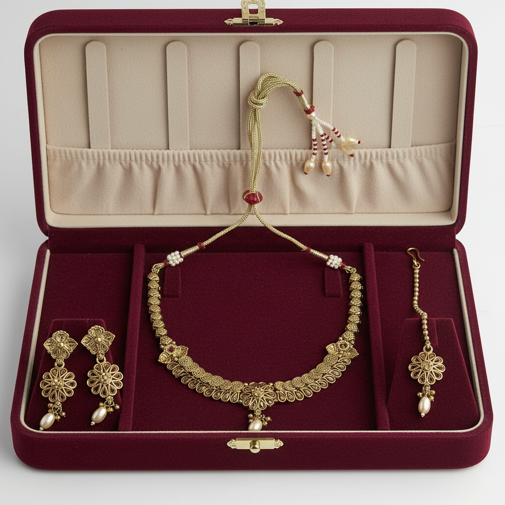 PJ-209 - Premium Gold Pearl Pink Diamonds Flowers - Jewelry Set