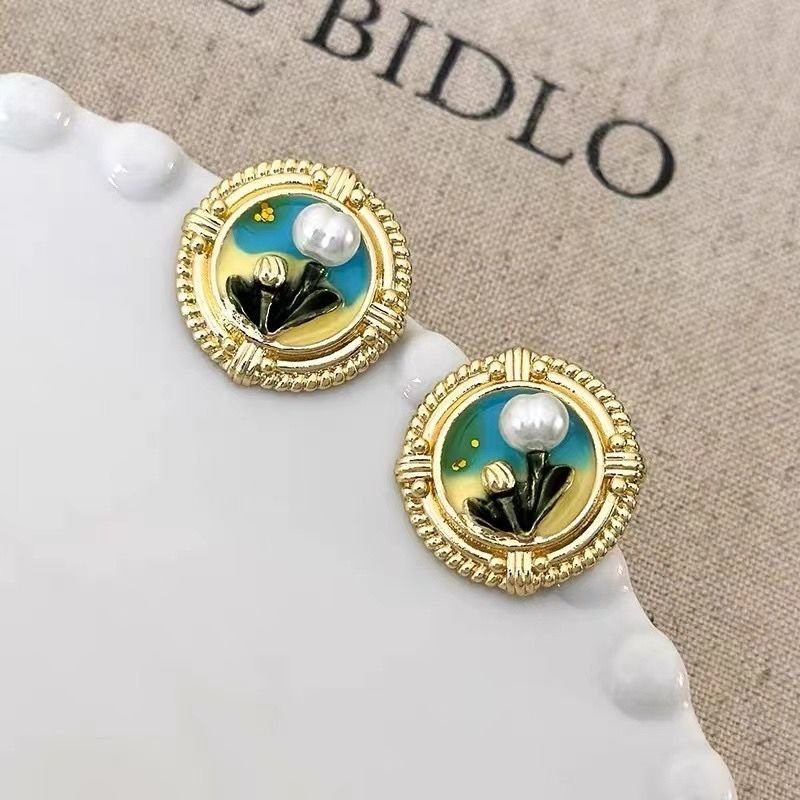 UNI-10909 - Luxury Pearly Flower Oil Painting Gold - Earring