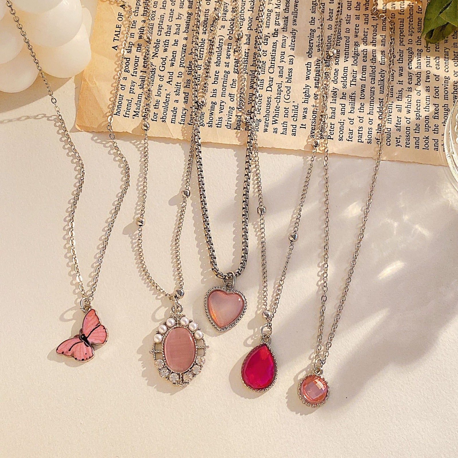 UNI-10594 - Pink Gem & Butterfly - Necklace Set Of 5
