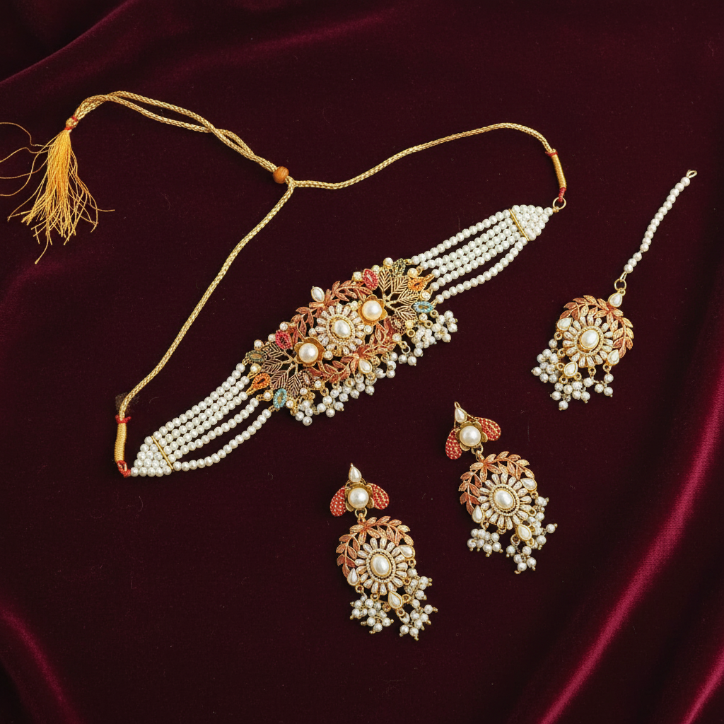 PJ-176 - Luxury Pearl & Diamonds Mala - Jewelry Set Style 3