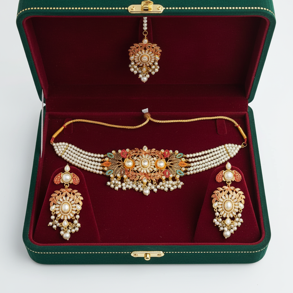 PJ-176 - Luxury Pearl & Diamonds Mala - Jewelry Set Style 3
