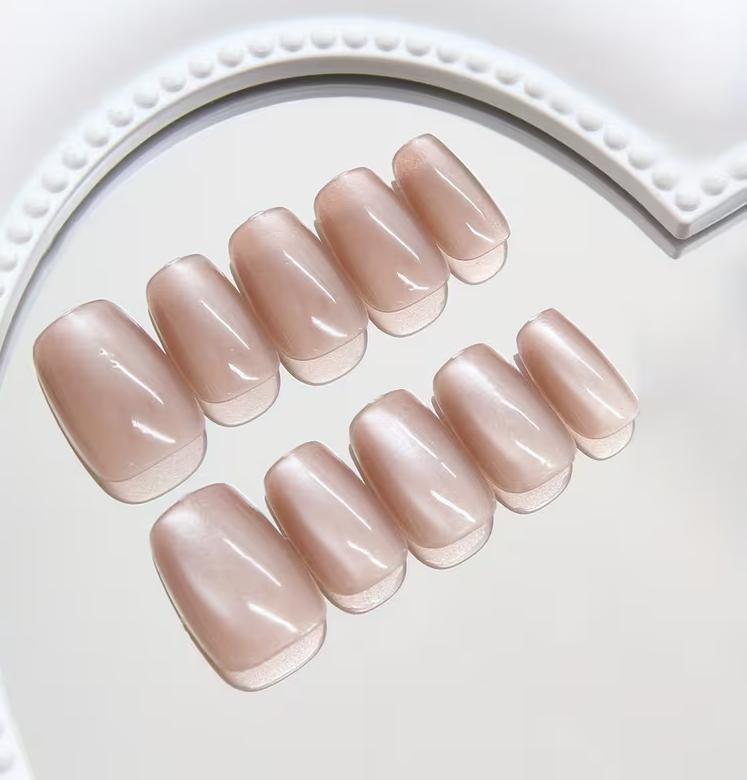 N-423-1 - Beige Jelly Shiny - Press On Nail Set Of 24 - Free 24 Pcs Sticker Sheet Included