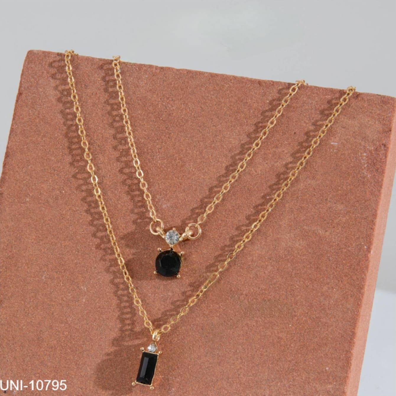 UNI-10795 - 2 layer Black Diamond Classy Gold Chain - Necklace Set