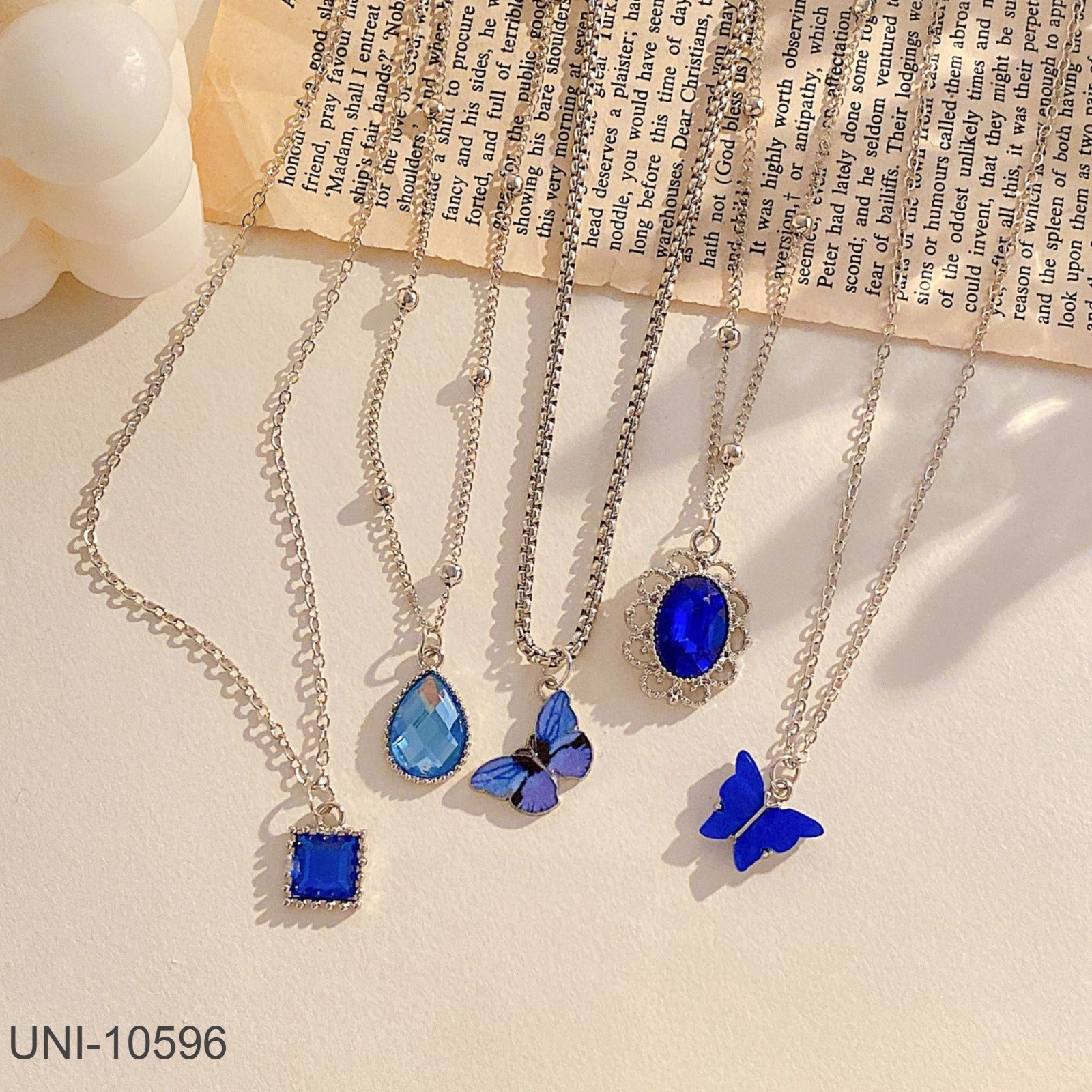 UNI-10596 - Navy Blue Gem & Butterfly - Necklace Set Of 5