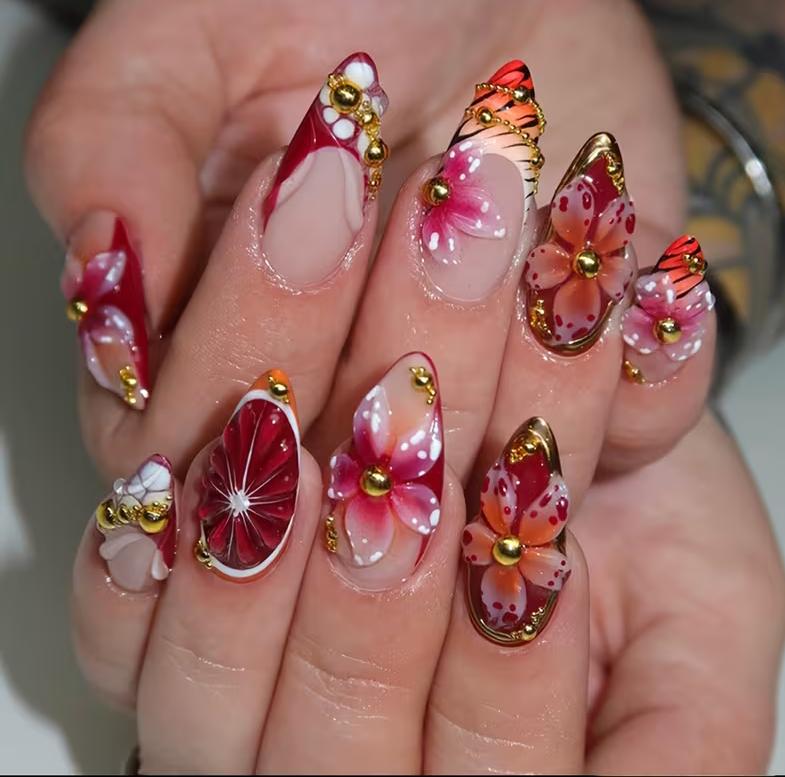N-428-1 - Gold Foil Pink Floral Shiny- Press On Nail Set Of 24 - Free 24 Pcs Sticker Sheet Included