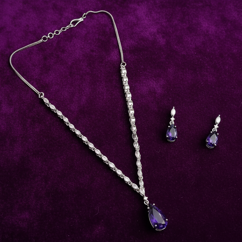 PJ-138 - Crystal Purple Natural Stone Rain Drop Diamonds Silver - Jewelry Set Of 2