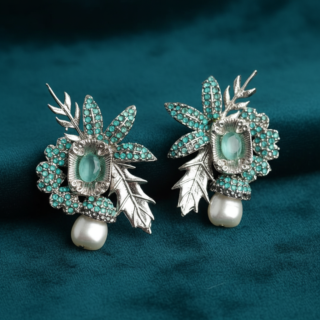 PJ-201 - Green Flower Leaf Luxury Vintage Silver - Earring