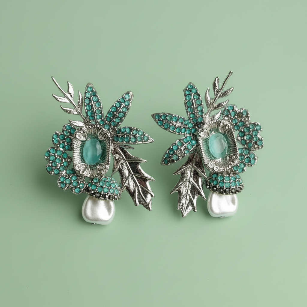 PJ-201 - Green Flower Leaf Luxury Vintage Silver - Earring