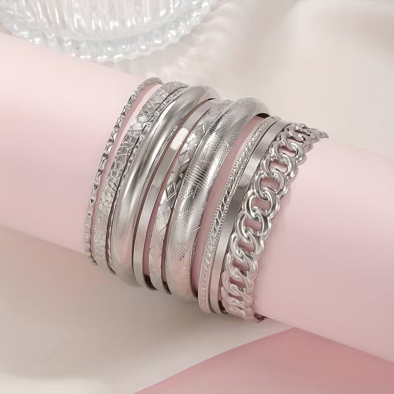 UNI-10636-6 - Classy Silver Bangle - Bracelet Set Of 10