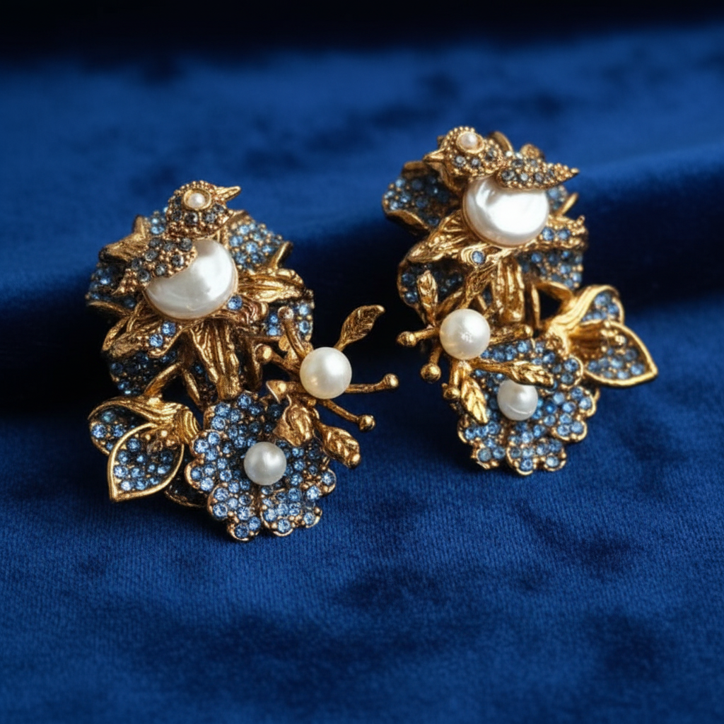 PJ-199 - Blue Flower Leaf Luxury Vintage Gold - Earring