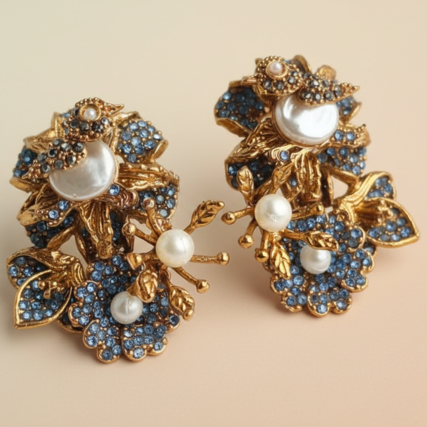 PJ-199 - Blue Flower Leaf Luxury Vintage Gold - Earring