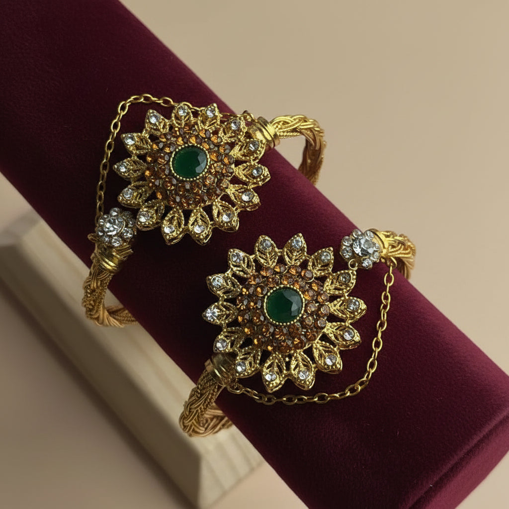 CH-96 - Luxury Diamonds Flower Gold - Bangle Set Of 2 Style 12