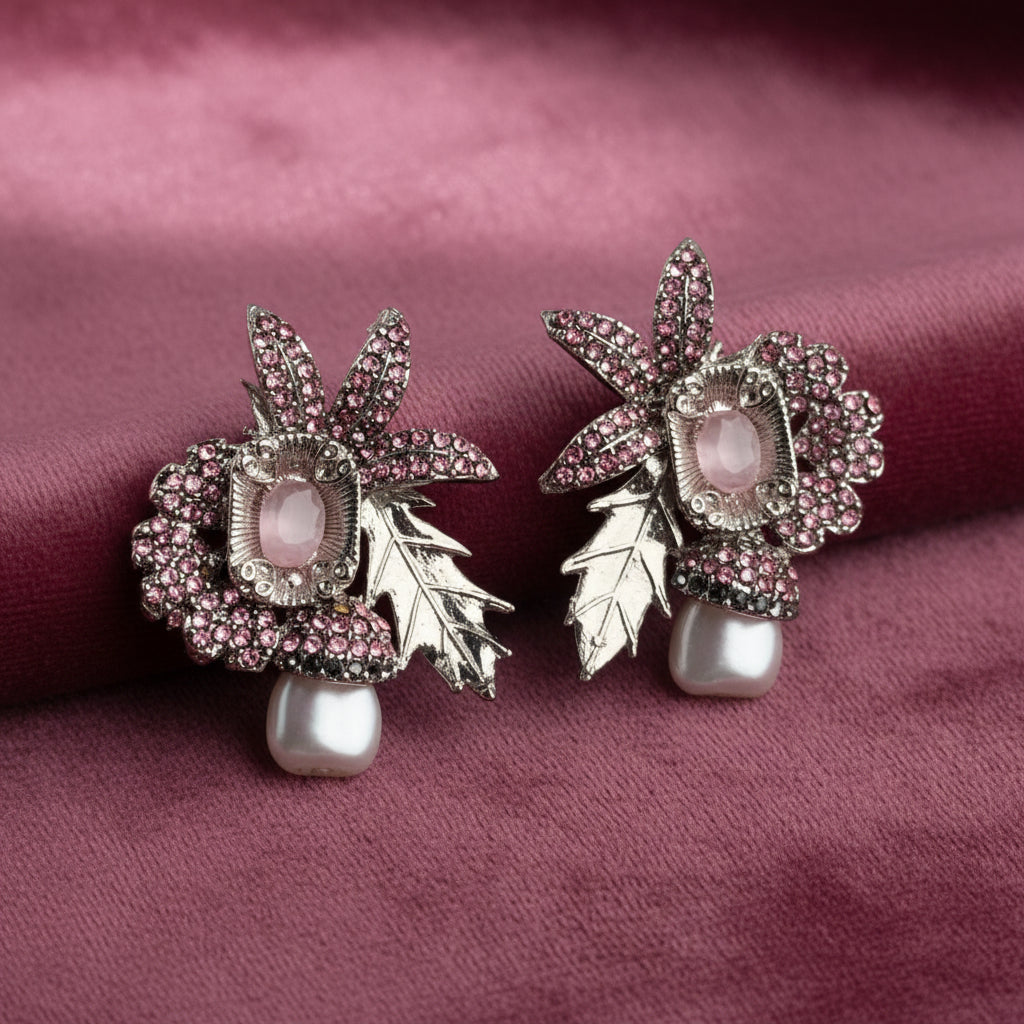 PJ-202 - Pink Flower Leaf Luxury Vintage Silver - Earring