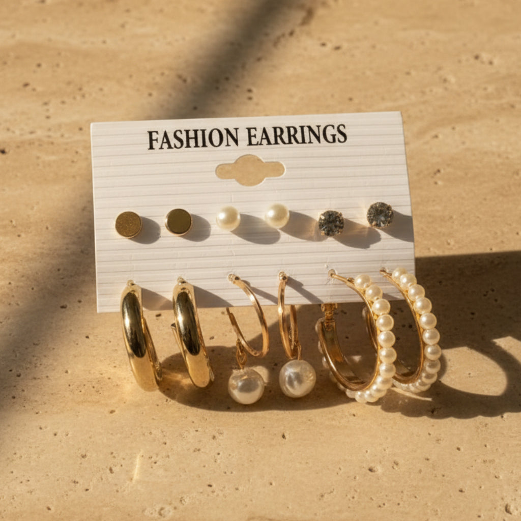 UNI-11181-3 - Pearl & Gold Hoop - Earrings Set Style 3