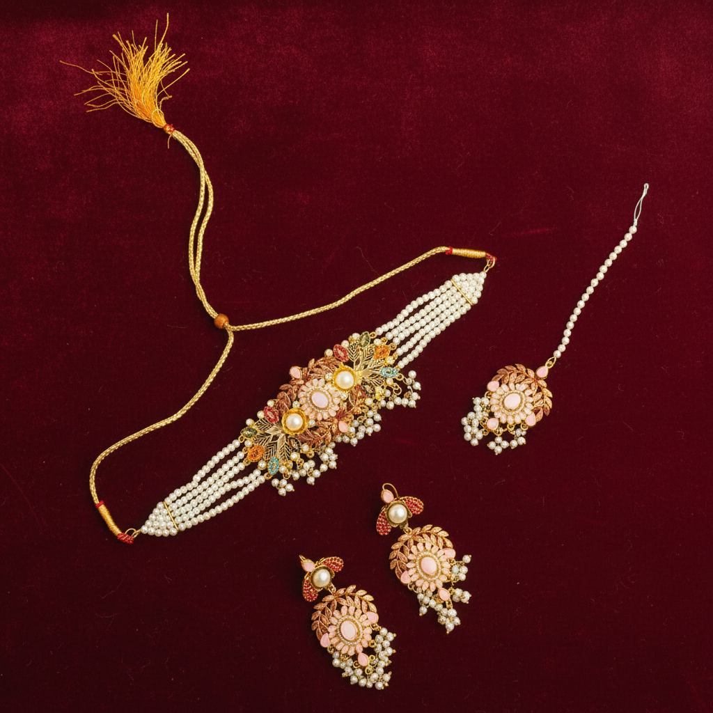 PJ-174 - Luxury Pearl & Diamonds Mala - Jewelry Set Style 1