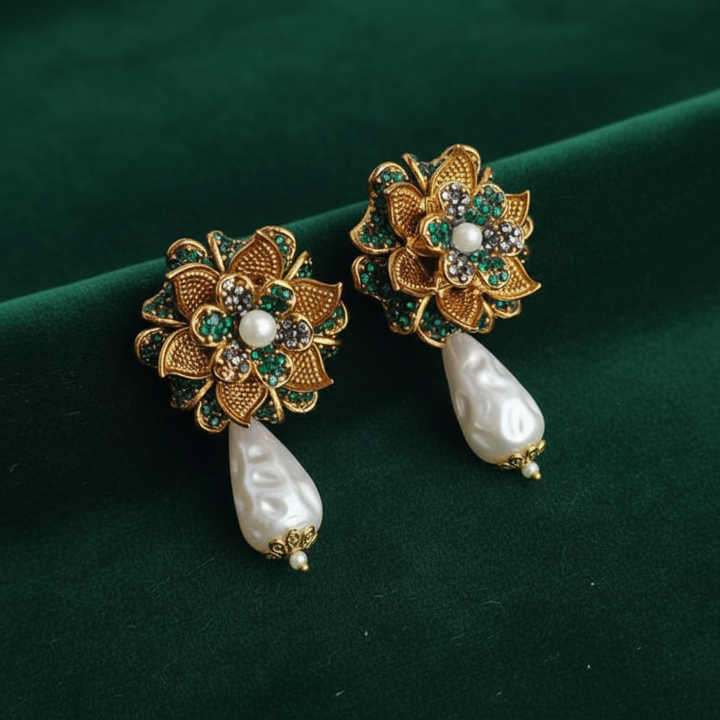 PJ-187 - Green Flower Luxury Vintage Gold - Earring
