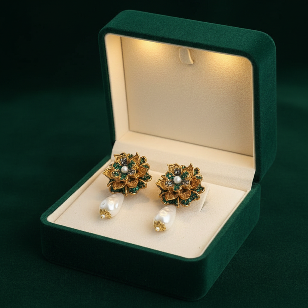 PJ-187 - Green Flower Luxury Vintage Gold - Earring
