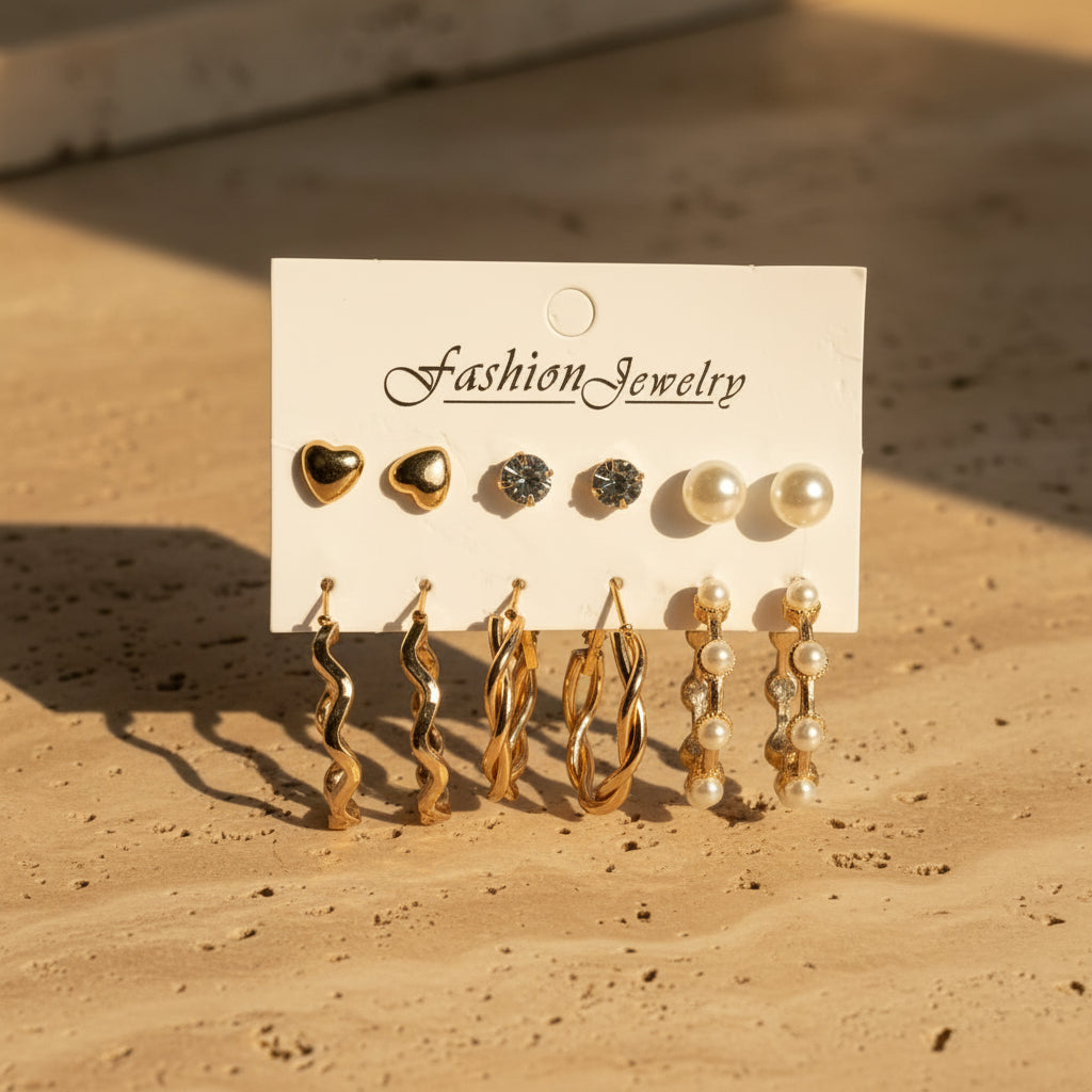 UNI-11181-1 - Pearl & Gold Hoop - Earrings Set Style 1
