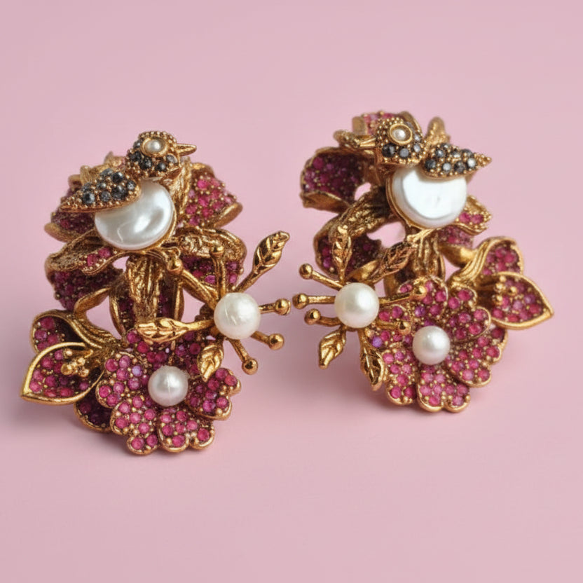 PJ-200 - Pink Flower Leaf Luxury Vintage Gold - Earring
