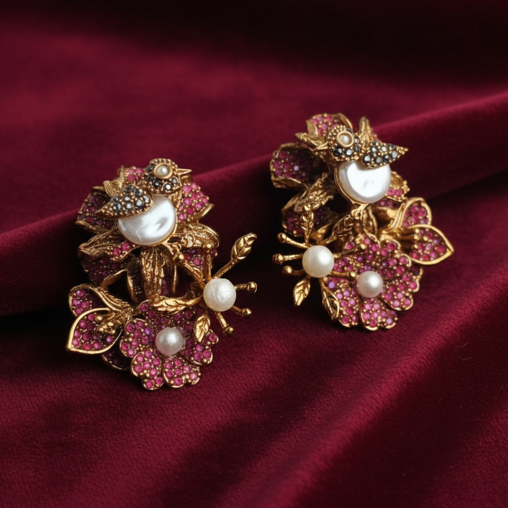 PJ-200 - Pink Flower Leaf Luxury Vintage Gold - Earring