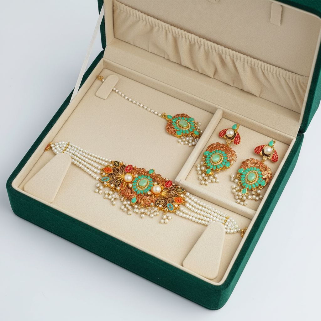 PJ-175 - Luxury Pearl & Diamonds Mala - Jewelry Set Style 2