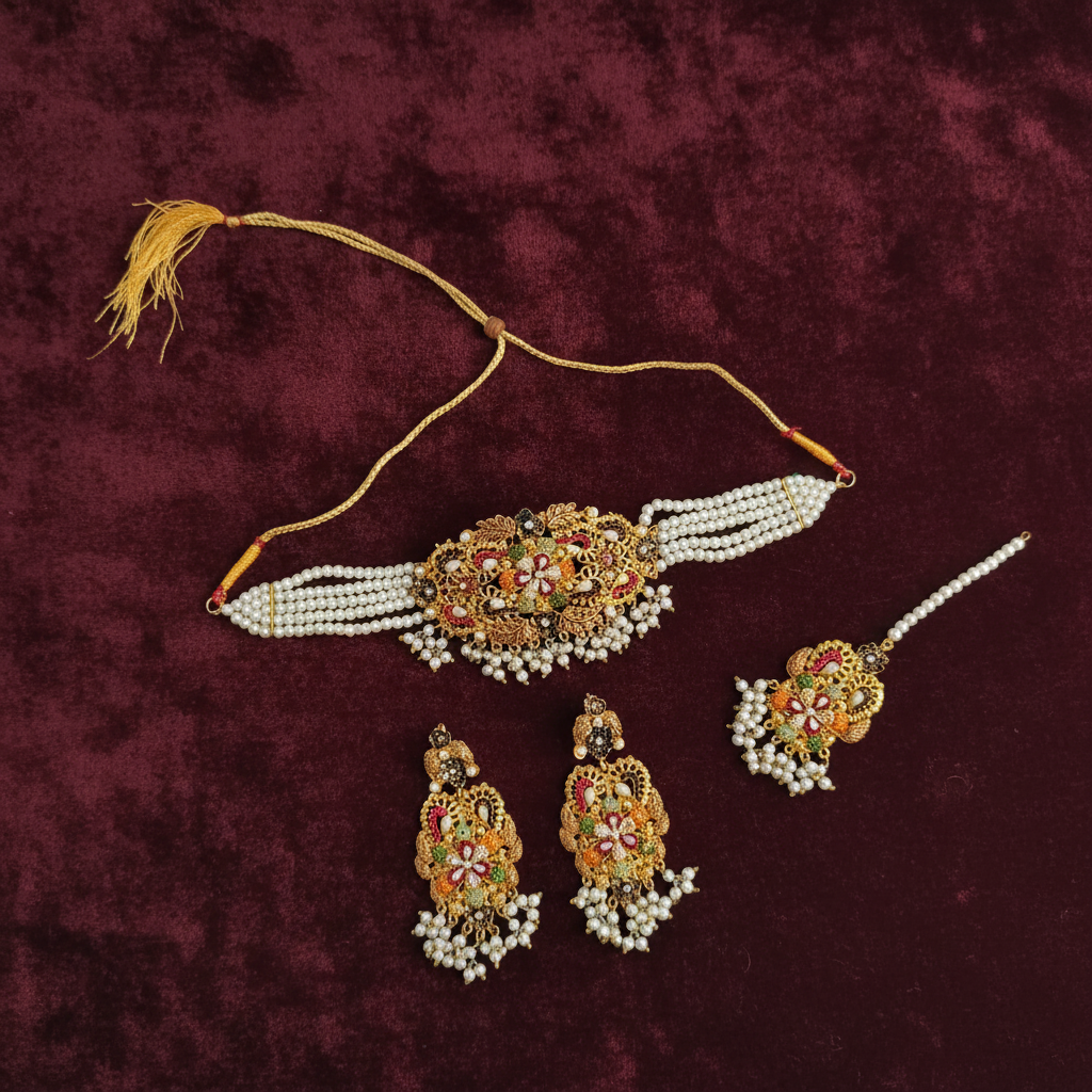 PJ-205 - White Pearl Gold Mala - Jewelry Set