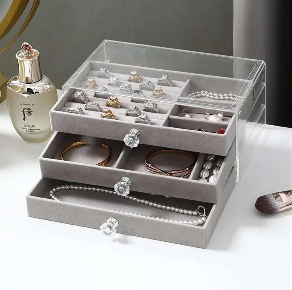 JJ - 11028 - Grey Velvet Large - 3 Dryer Jewelry Organizer