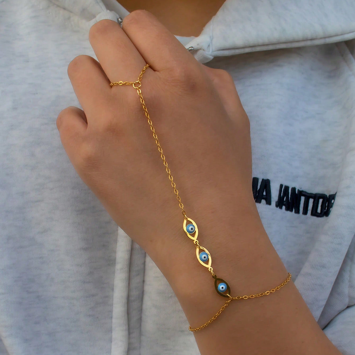 SS-12184 - Three Evil Eye Gold - Hand Chain