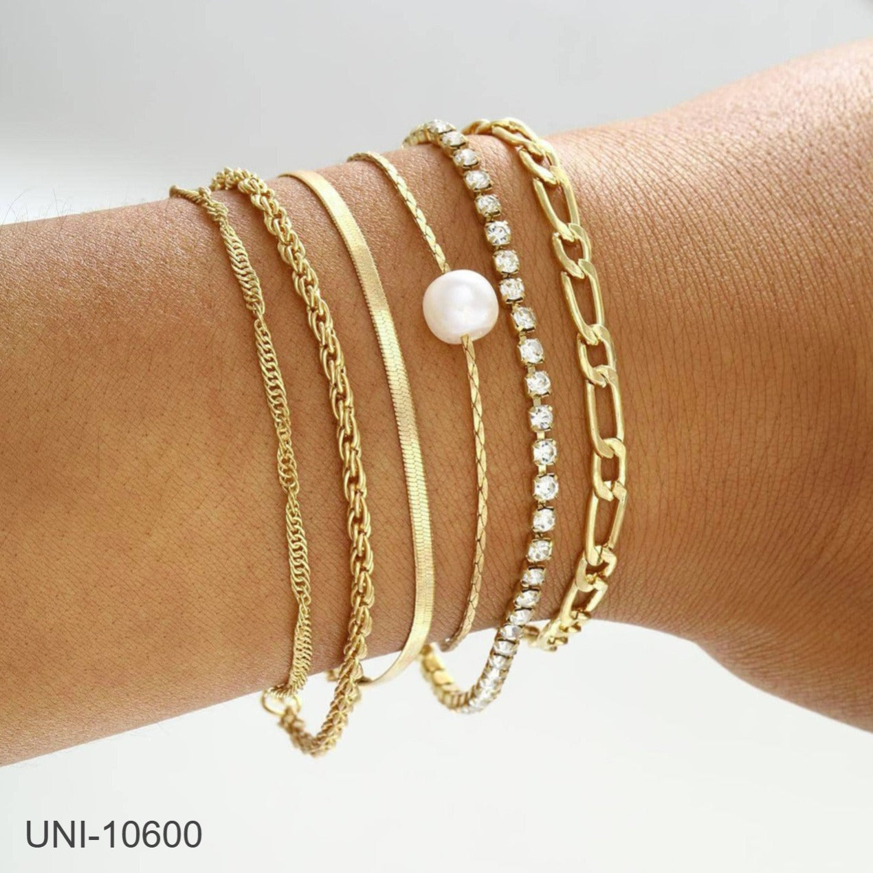 UNI-10600 - Pearl & Gold Chain - Bracelet Set of 6