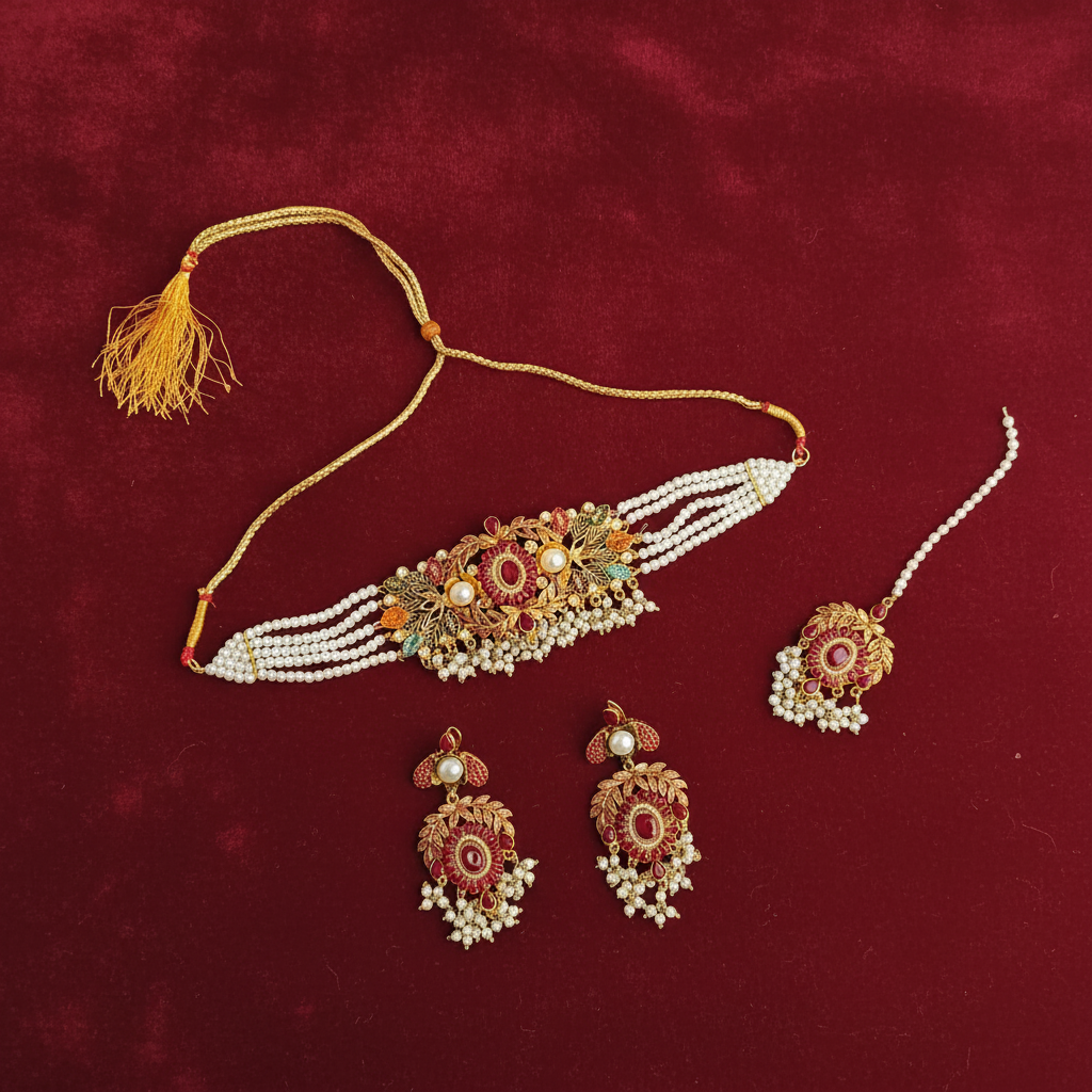 PJ-165 - Fancy Flower & Leaves Mala - Jewelry Set Style 1