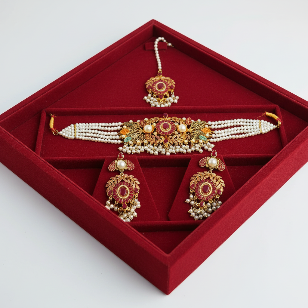 PJ-165 - Fancy Flower & Leaves Mala - Jewelry Set Style 1