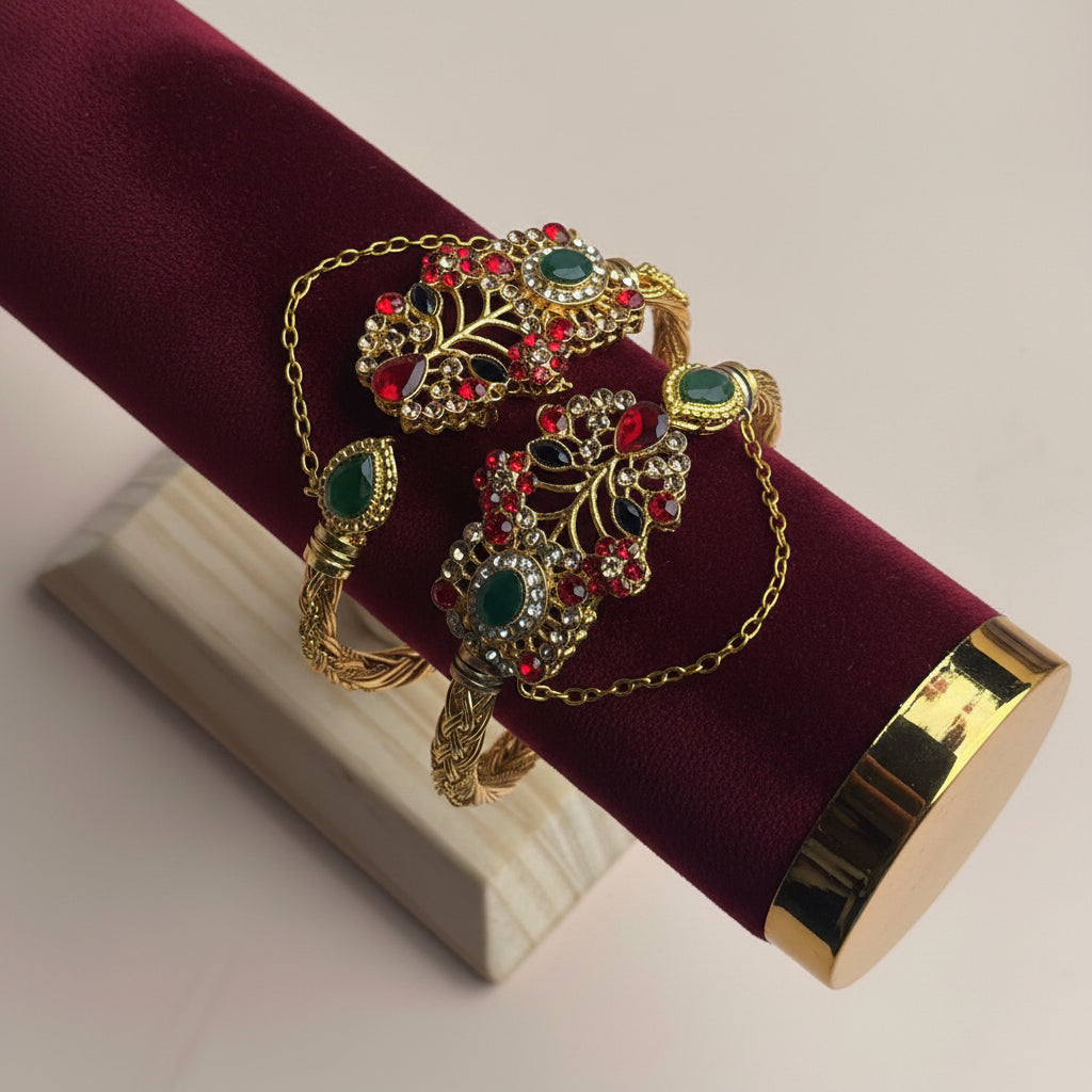 CH-84 - Emerald Green & Red Diamonds Gold - Bangle Set Of 2