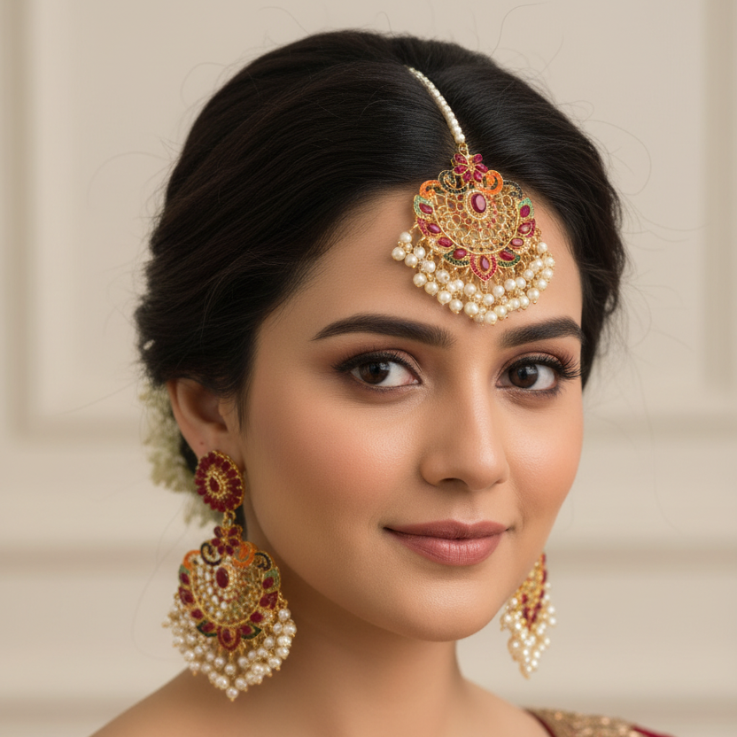 PJ-156 - Luxury Pearls & Maroon Diamonds Gold - Jewelry Set