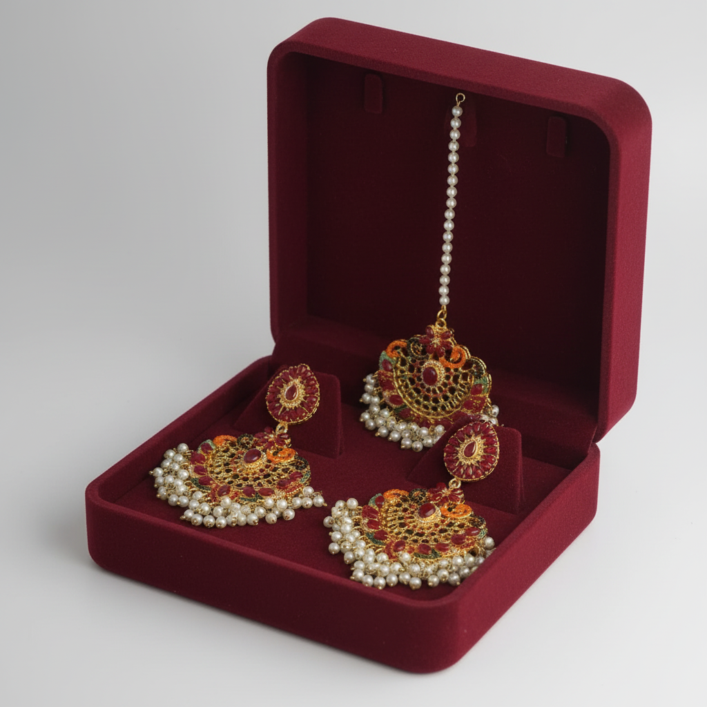 PJ-156 - Luxury Pearls & Maroon Diamonds Gold - Jewelry Set