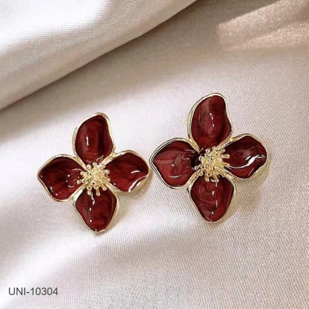 UNI-10304 - Maroon Shiny Flower  - Earring