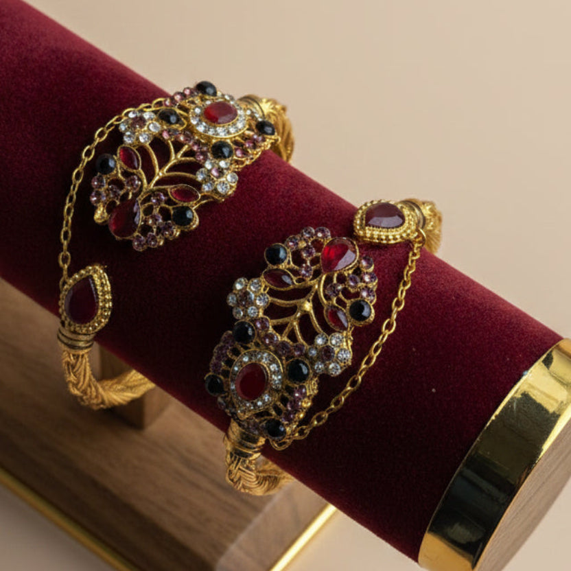 CH-105 - Luxury Multi Diamonds Gold - Bangle Set Of 2 Style 1