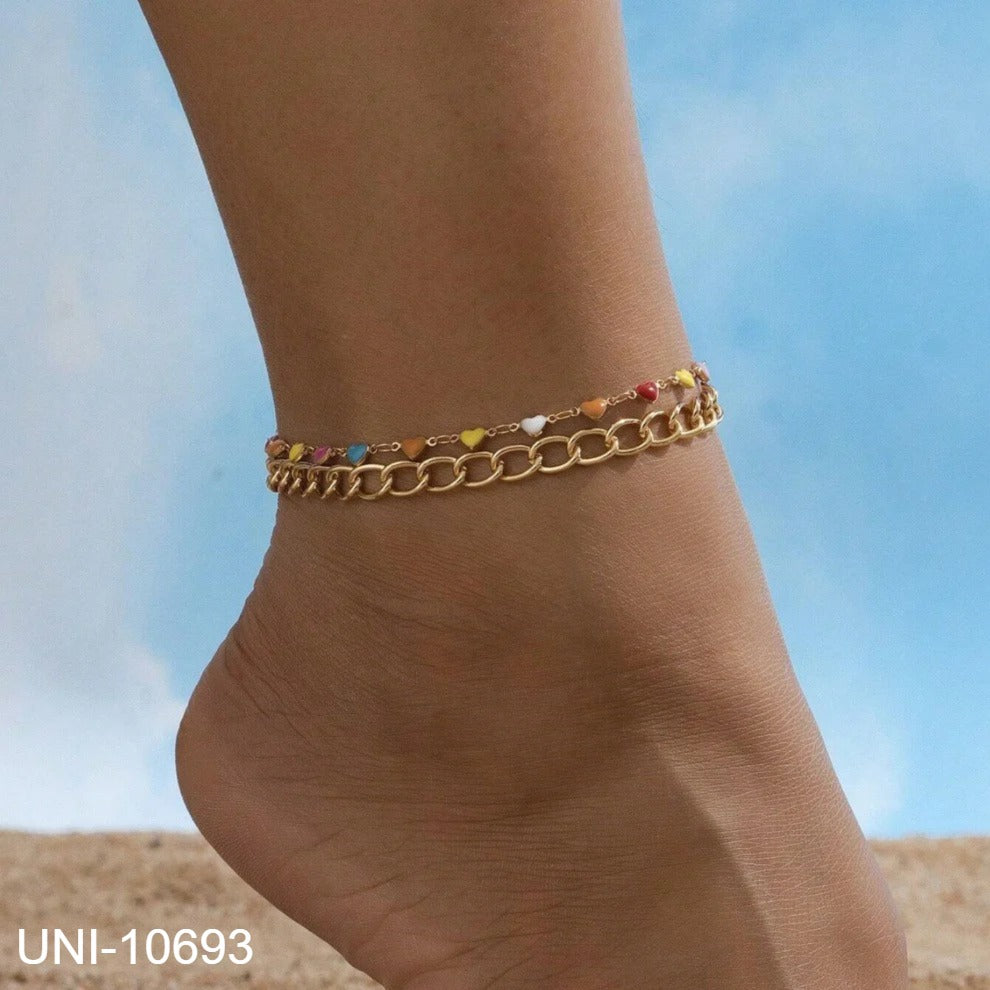 UNI-10693 - Multi Heart Gold Chain - Anklet Set Of 2