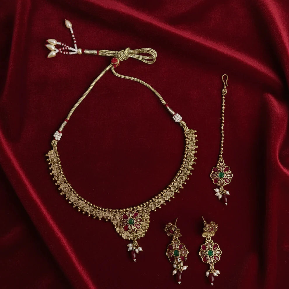 PJ-123 - Premium Gold Flowers Maroon & Green Diamonds Jewelry Set - Style 4