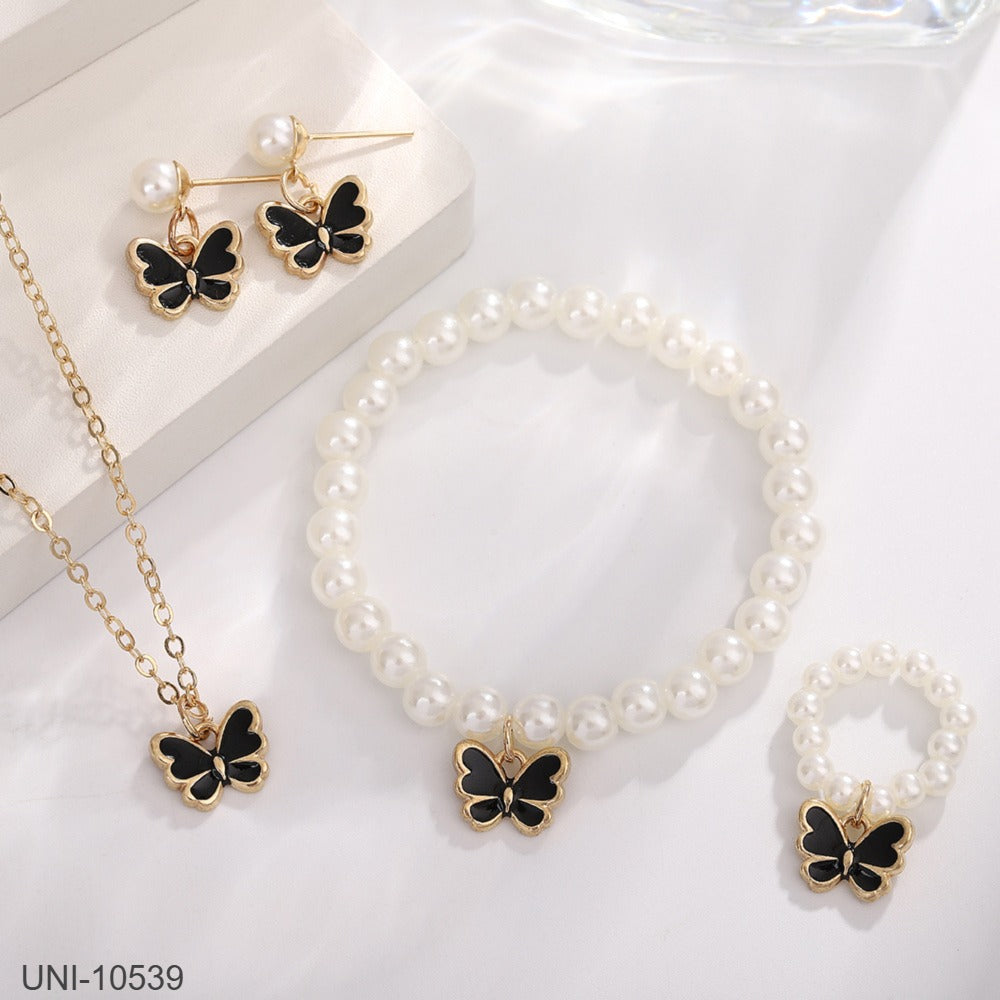 UNI-10541 - Black Butterfly & Beaded Pearls - Jewelry Set
