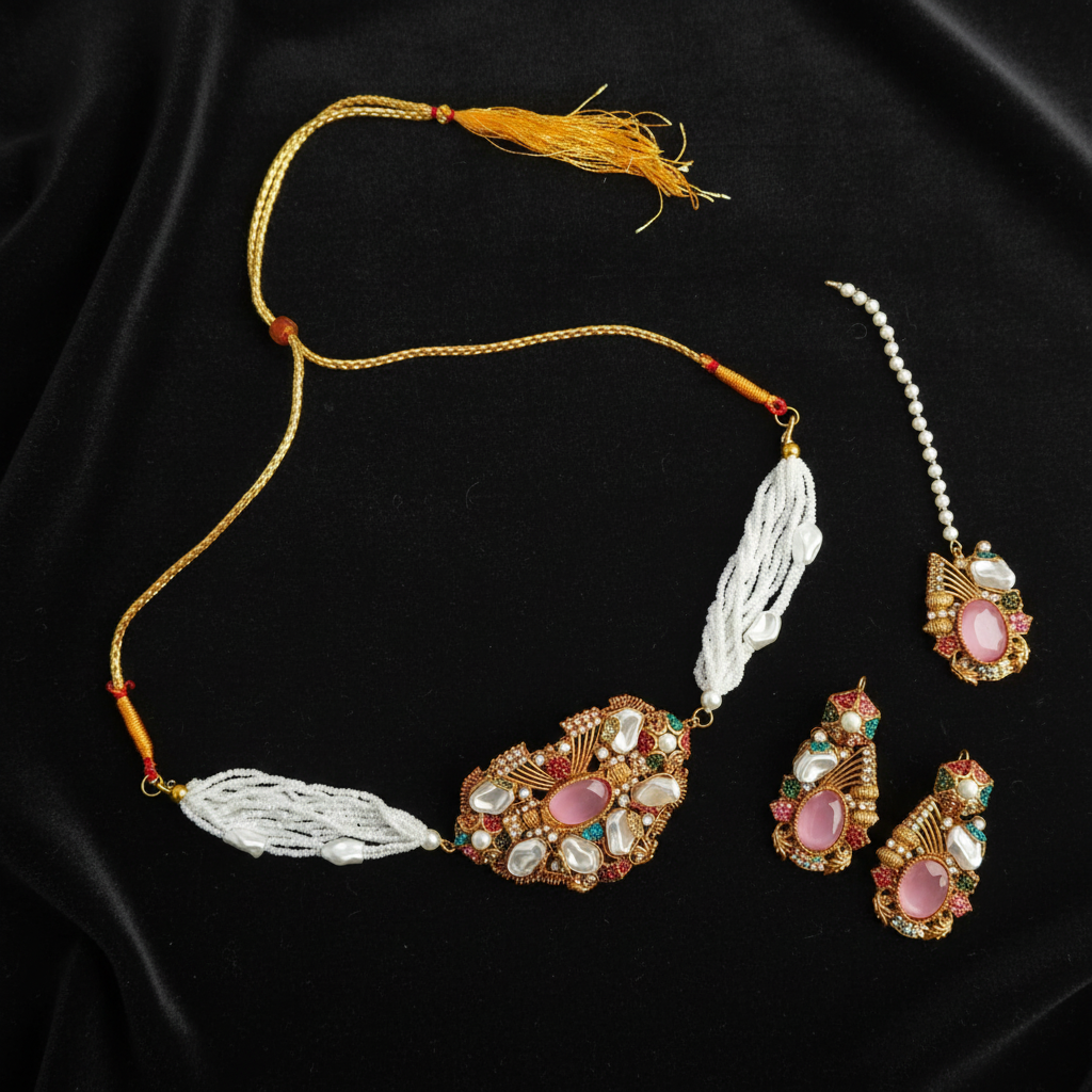 PJ-173 - Luxury Pearl & Diamonds Mala - Jewelry Set Style 3