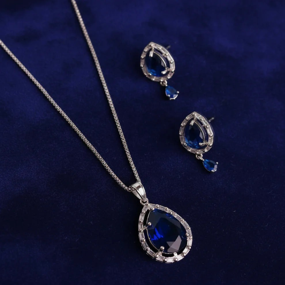 PJ-103 - Navy Blue Natural Stone Silver - Jewelry Set